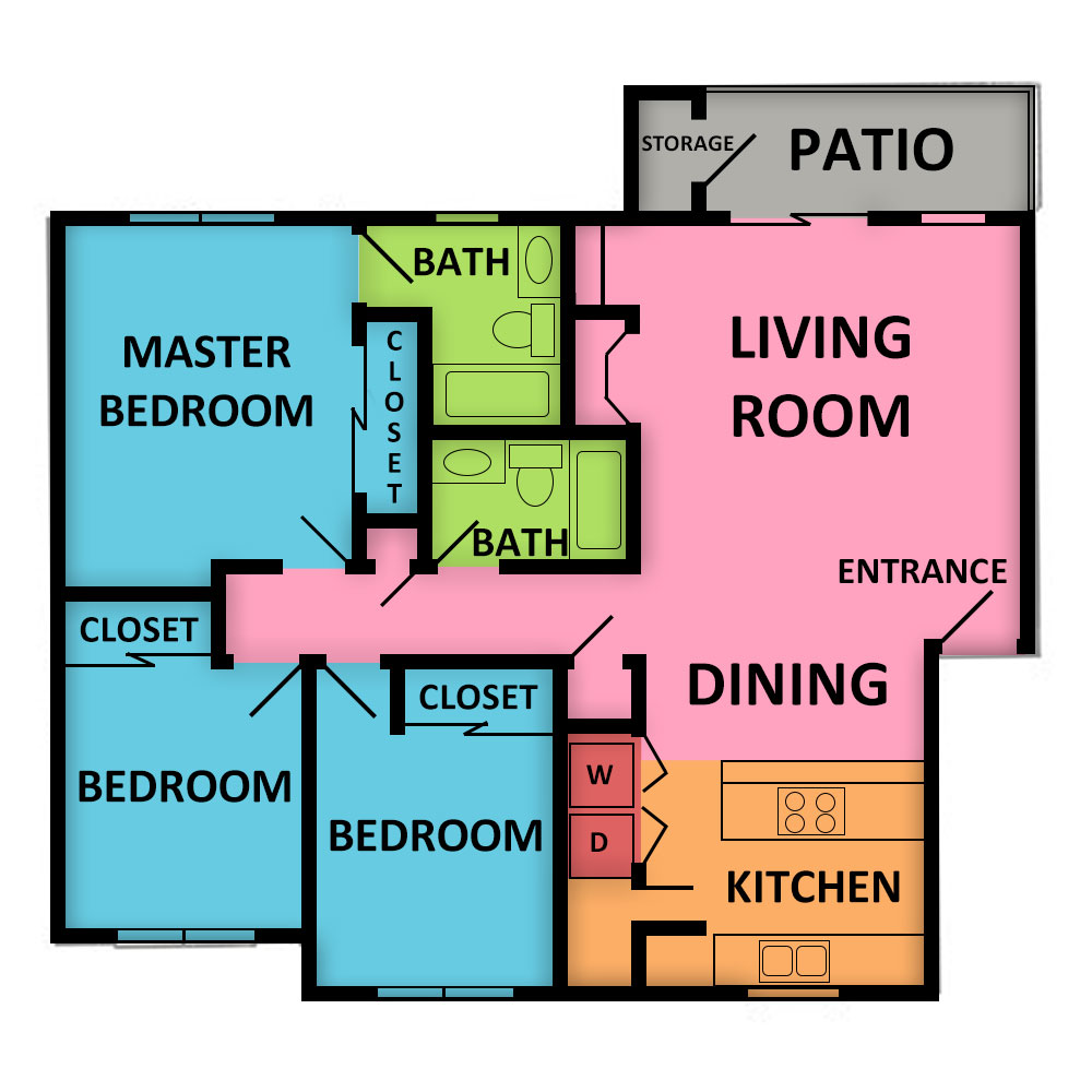 This image is the visual schematic floorplan representation of Plan D (3nd Floor) at The Hamptons Apartments.